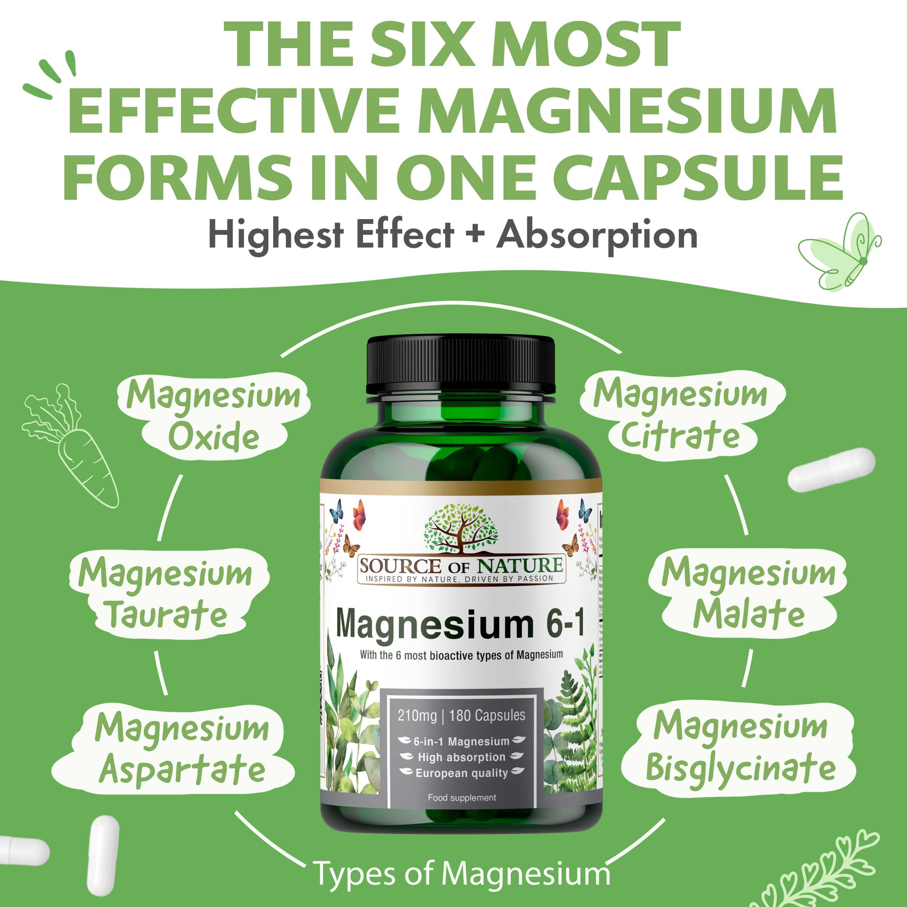 6-in-1 Magnésium 420mg | 180 Capsules | Approvisionnement de 3 mois - Source of Nature